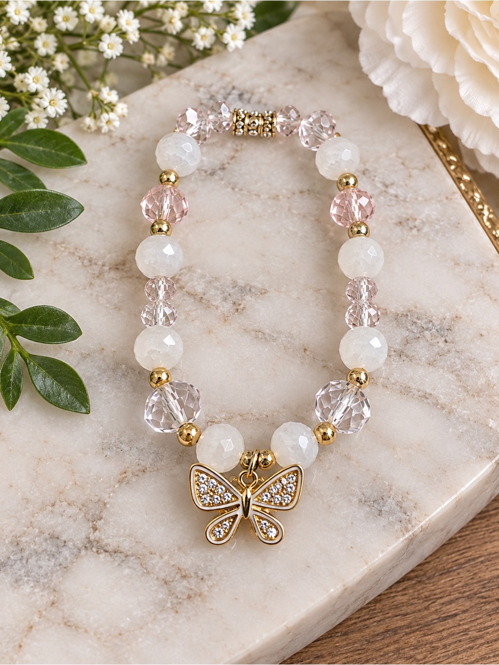 Gold Butterfly Charm Beaded Bracelet